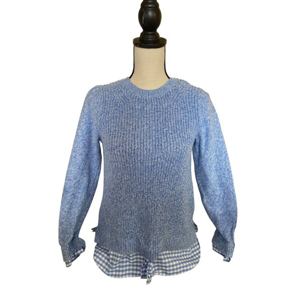 Talbots Sweater Womens M Blue Knit Gingham Hem Pima Cotton Phoebe Buffay - Picture 1 of 8